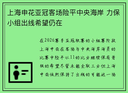上海申花亚冠客场险平中央海岸 力保小组出线希望仍在