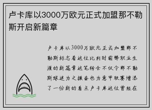 卢卡库以3000万欧元正式加盟那不勒斯开启新篇章